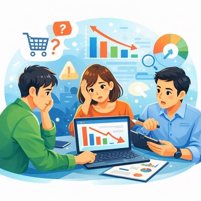 ECサイト運用で課題に向き合い改善する様子のイラスト